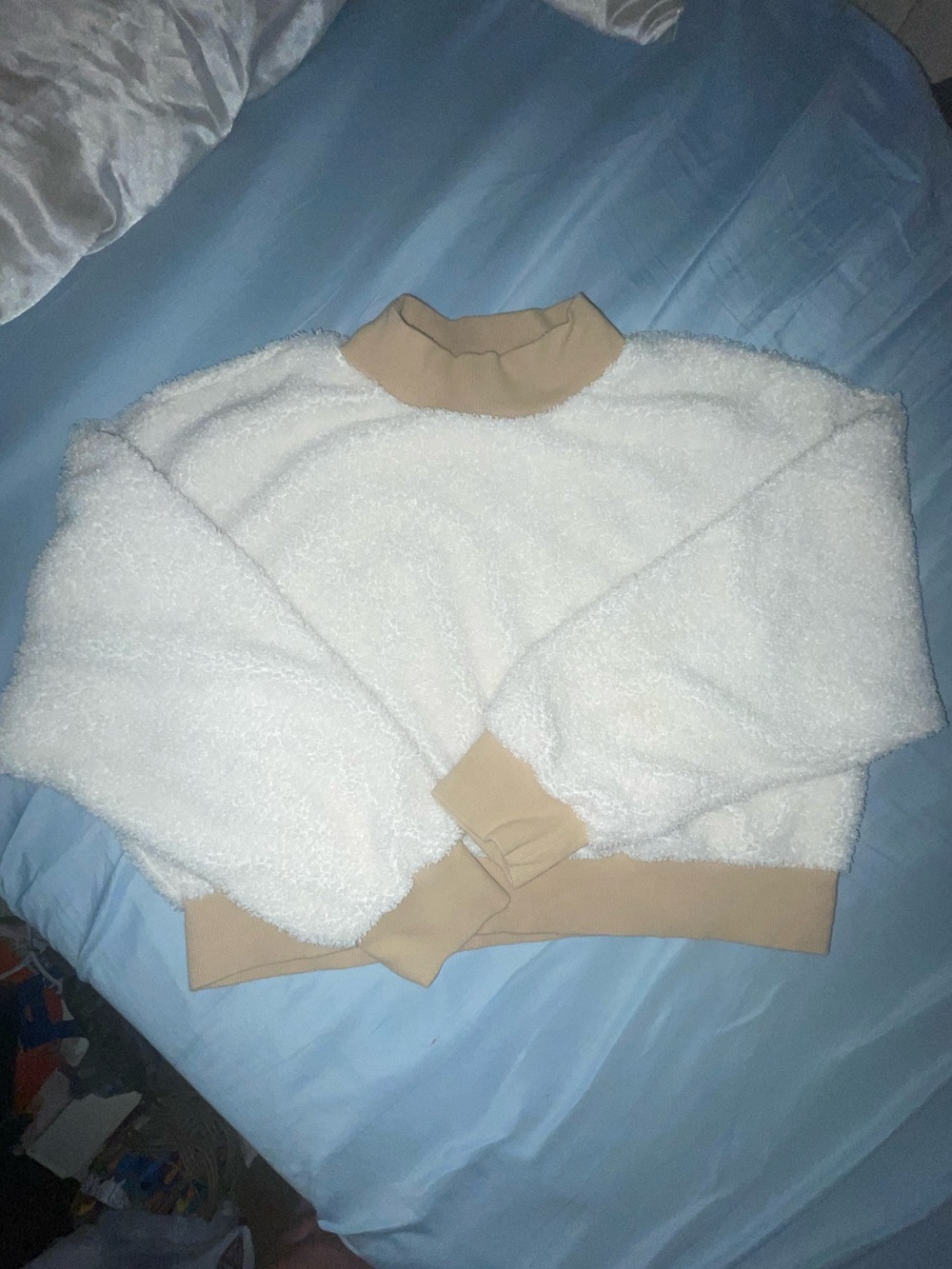 Fabletics Cream Sherpa Pullover with Tan Trim